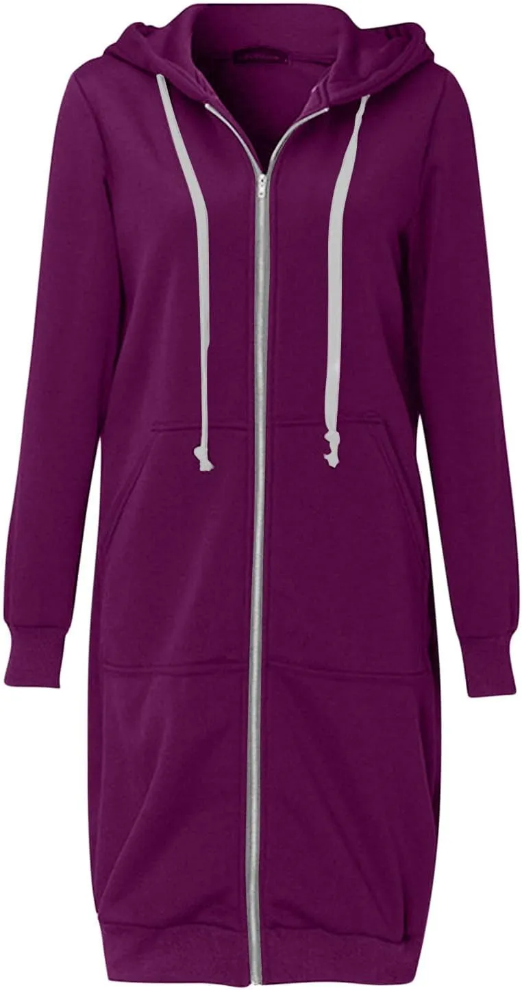 Oversized Hoodies for Women Zip Up Knee Length Tunic Sweatshirts Casual Long Sleeve Spring Hooded Jackets with Pocket