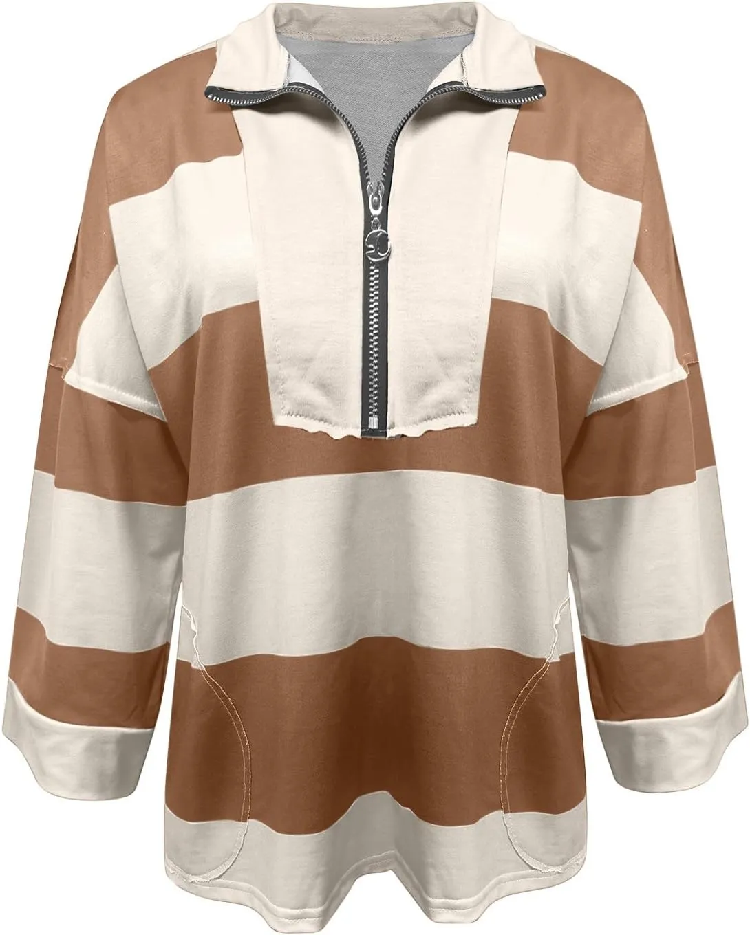 Oversized Striped Long Sleeve Sweatshirts For Women Half Zip Casual Loose Pullover Hoodies Fall Tops With Pockets