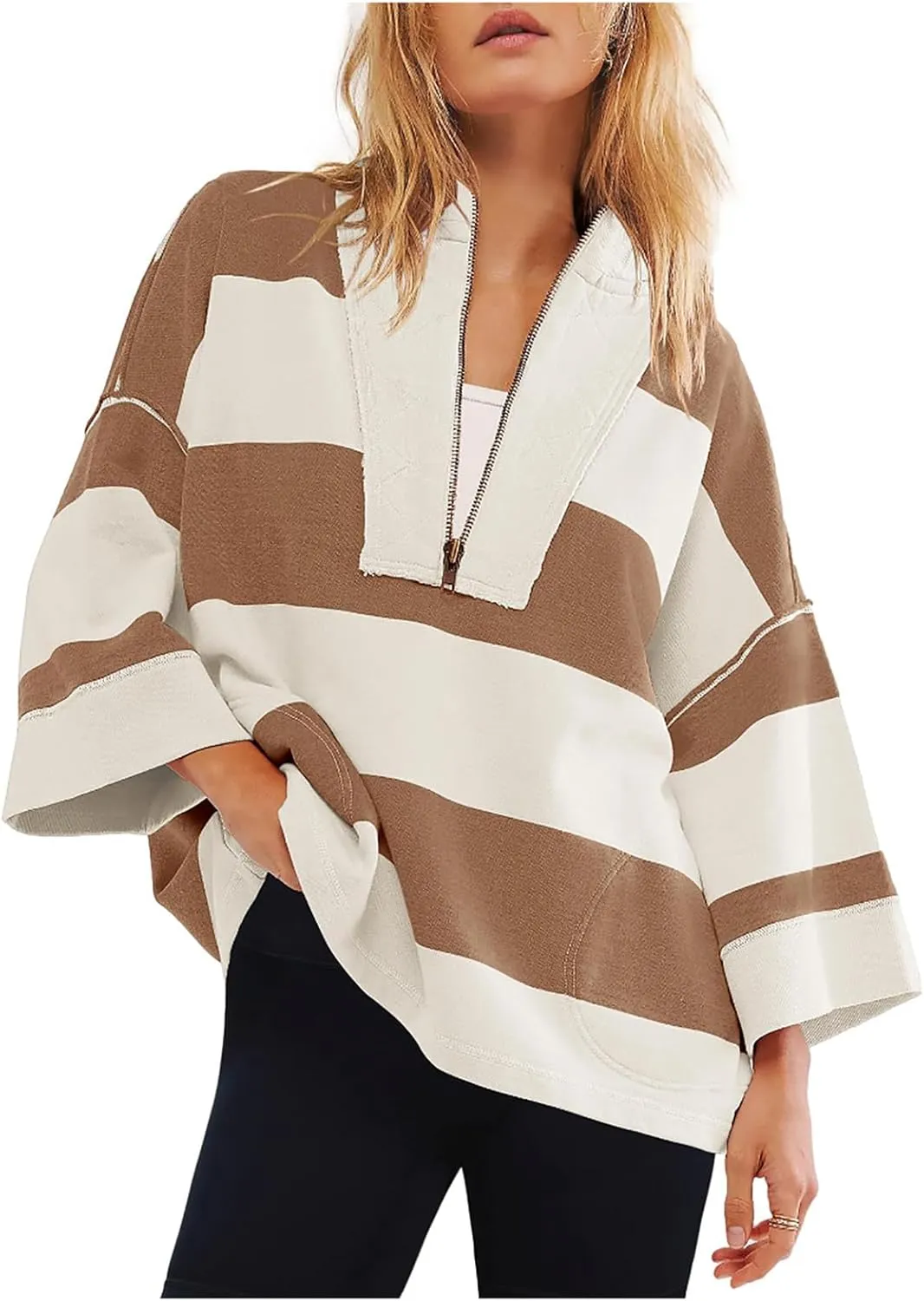 Oversized Striped Long Sleeve Sweatshirts For Women Half Zip Casual Loose Pullover Hoodies Fall Tops With Pockets