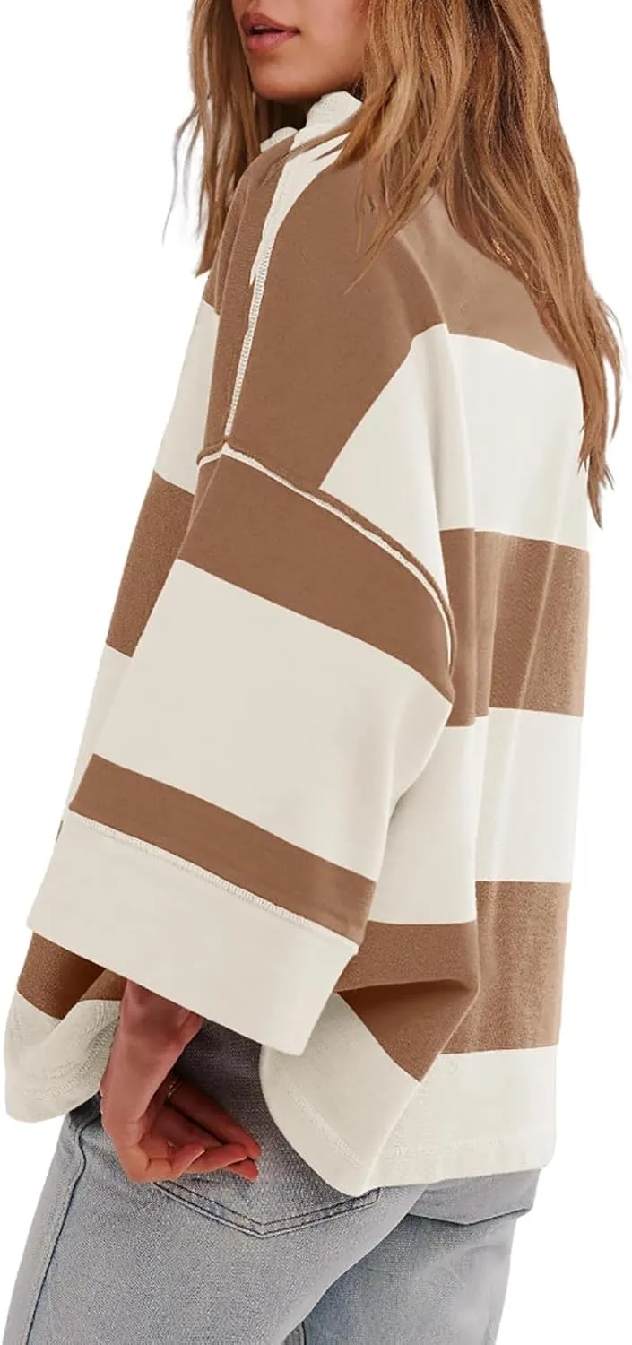 Oversized Striped Long Sleeve Sweatshirts For Women Half Zip Casual Loose Pullover Hoodies Fall Tops With Pockets