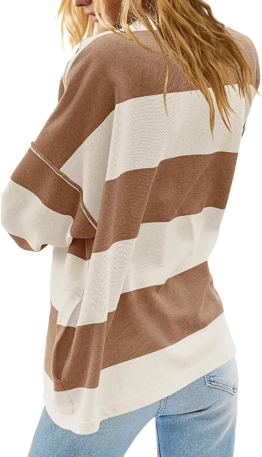 Oversized Striped Long Sleeve Sweatshirts For Women Half Zip Casual Loose Pullover Hoodies Fall Tops With Pockets