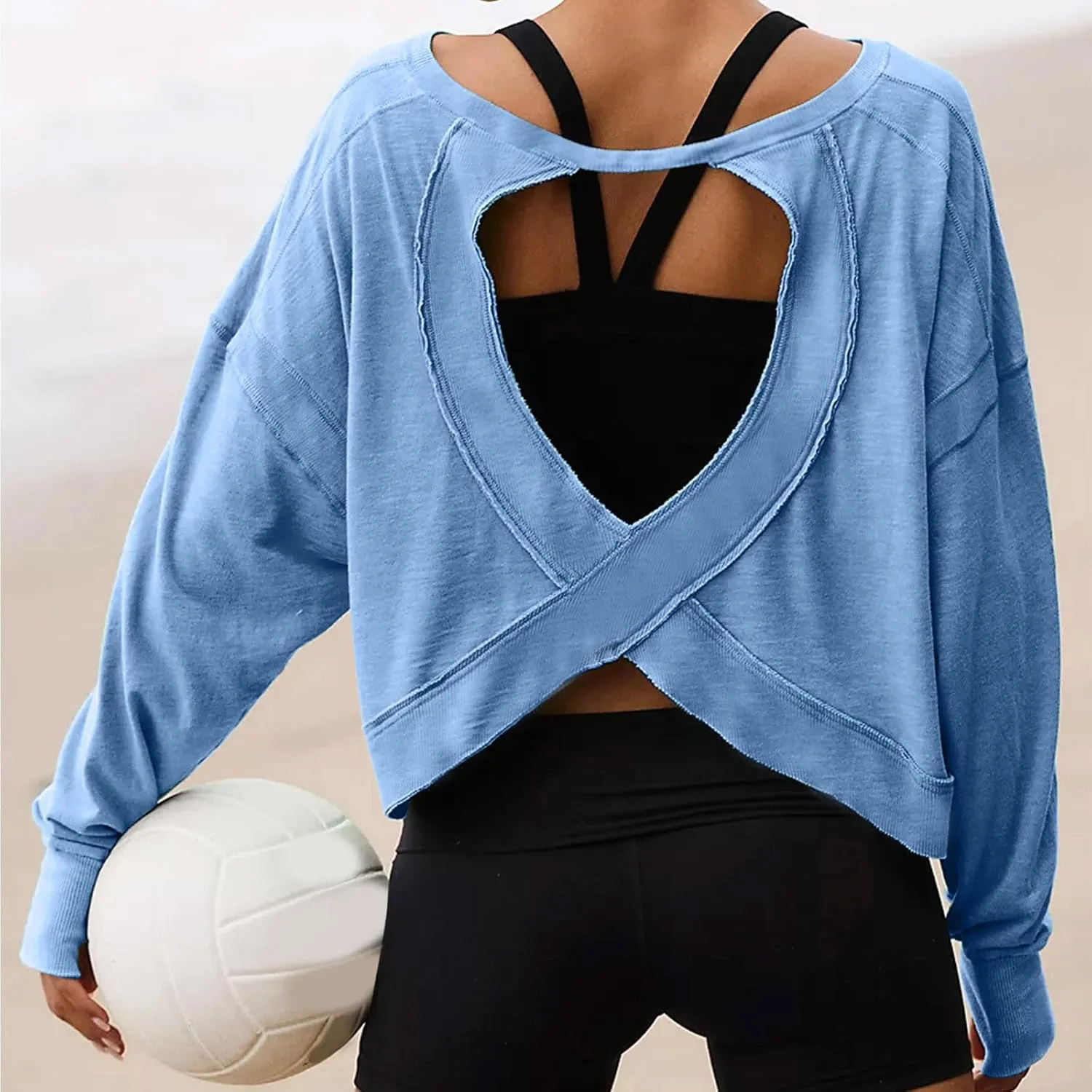 Oversized Sweatshirt for Women Crewneck Long Sleeve Tops Open Back Cross Hem Loose Fall Hoodie Casual Pullover