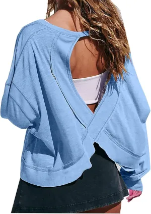 Oversized Sweatshirt for Women Crewneck Long Sleeve Tops Open Back Cross Hem Loose Fall Hoodie Casual Pullover