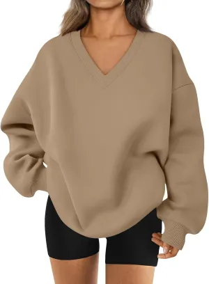 Oversized Sweatshirt For Women Plus Size V Neck Long Sleeve Drop Shoulder Pullover Hoodies Trendy Winter Clothes