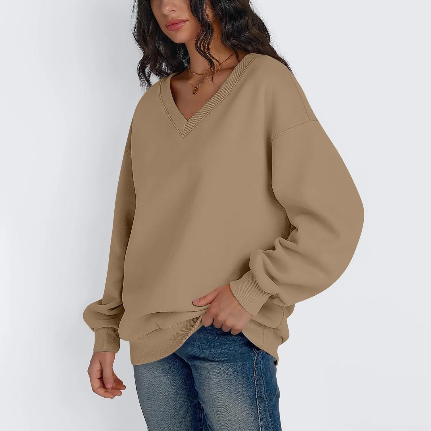Oversized Sweatshirt For Women Plus Size V Neck Long Sleeve Drop Shoulder Pullover Hoodies Trendy Winter Clothes