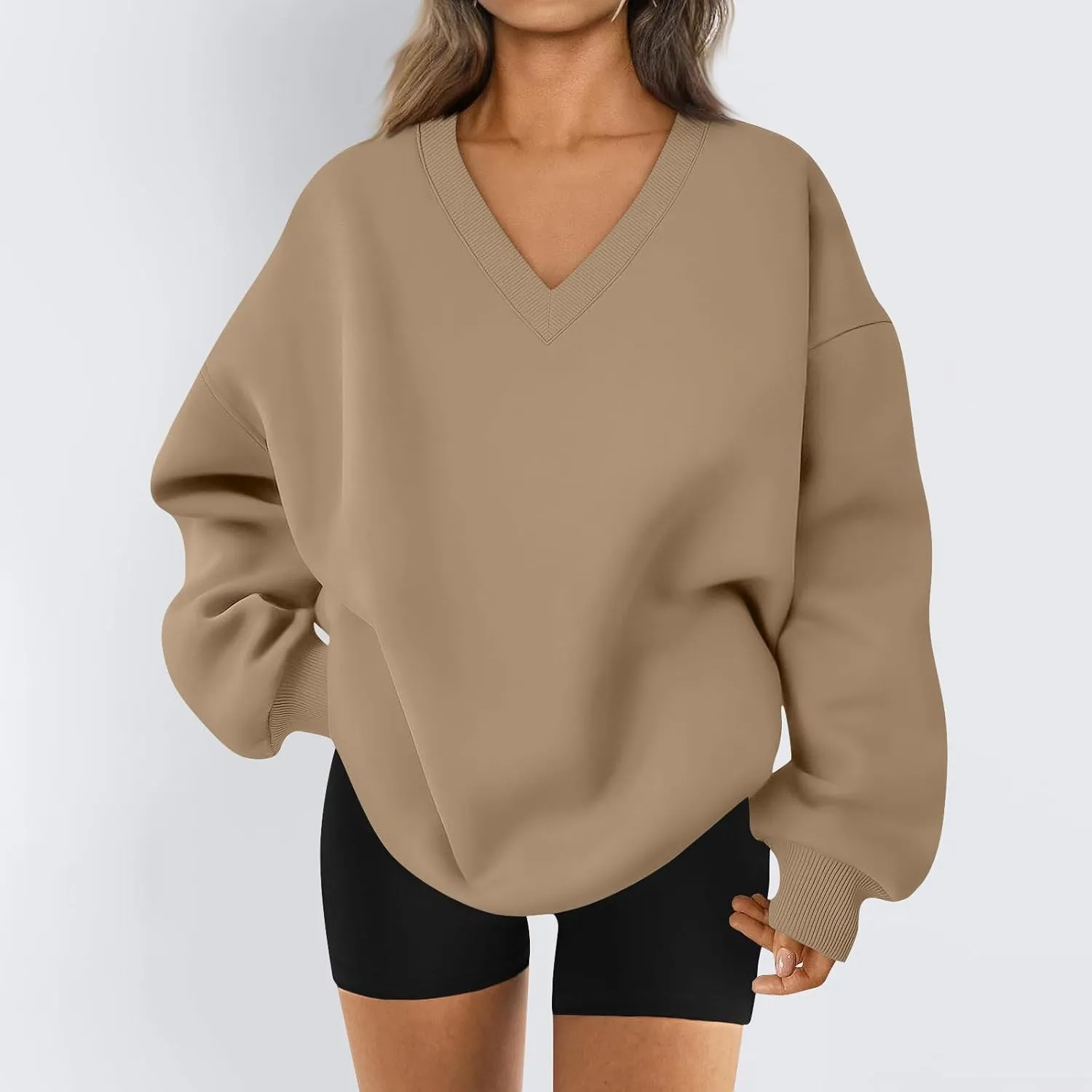 Oversized Sweatshirt For Women Plus Size V Neck Long Sleeve Drop Shoulder Pullover Hoodies Trendy Winter Clothes