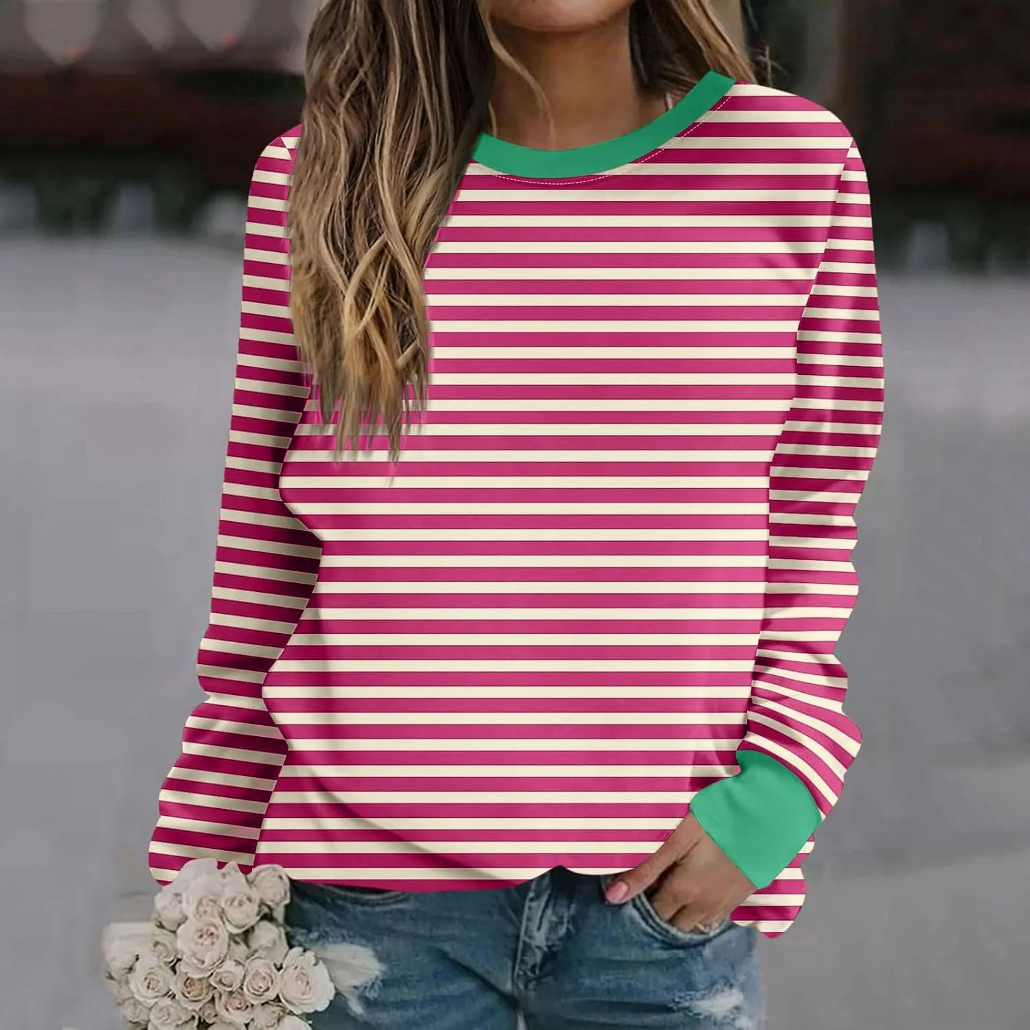 Oversized Sweatshirts for Women Loose Fit Long Sleeve Pullover Tops Striped No Hood Crewneck Casual Comfy Blouses