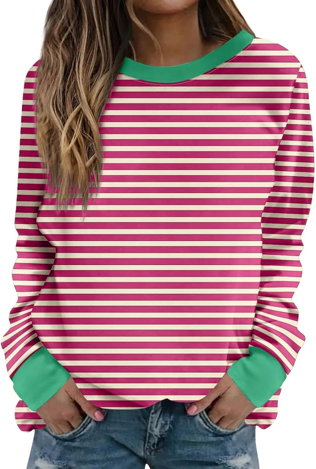 Oversized Sweatshirts for Women Loose Fit Long Sleeve Pullover Tops Striped No Hood Crewneck Casual Comfy Blouses