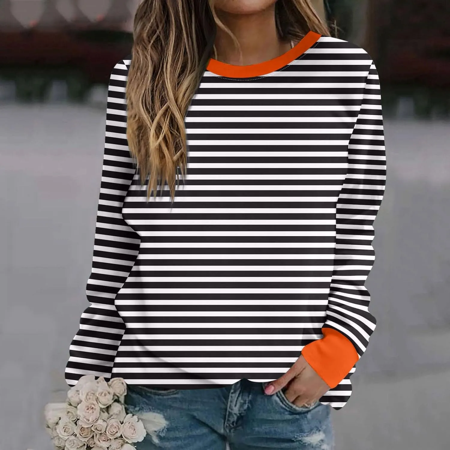 Oversized Sweatshirts for Women Loose Fit Long Sleeve Pullover Tops Striped No Hood Crewneck Casual Comfy Blouses