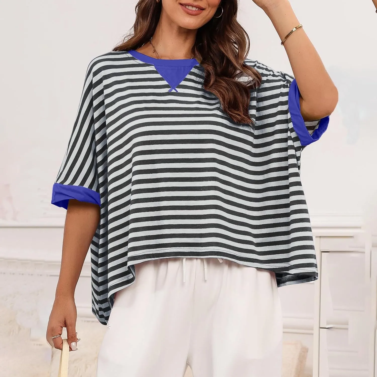 Oversized Tshirts for Women Crew Neck Striped Short Sleeve Blouses Casual Fashion Daily Womens Workout Tops