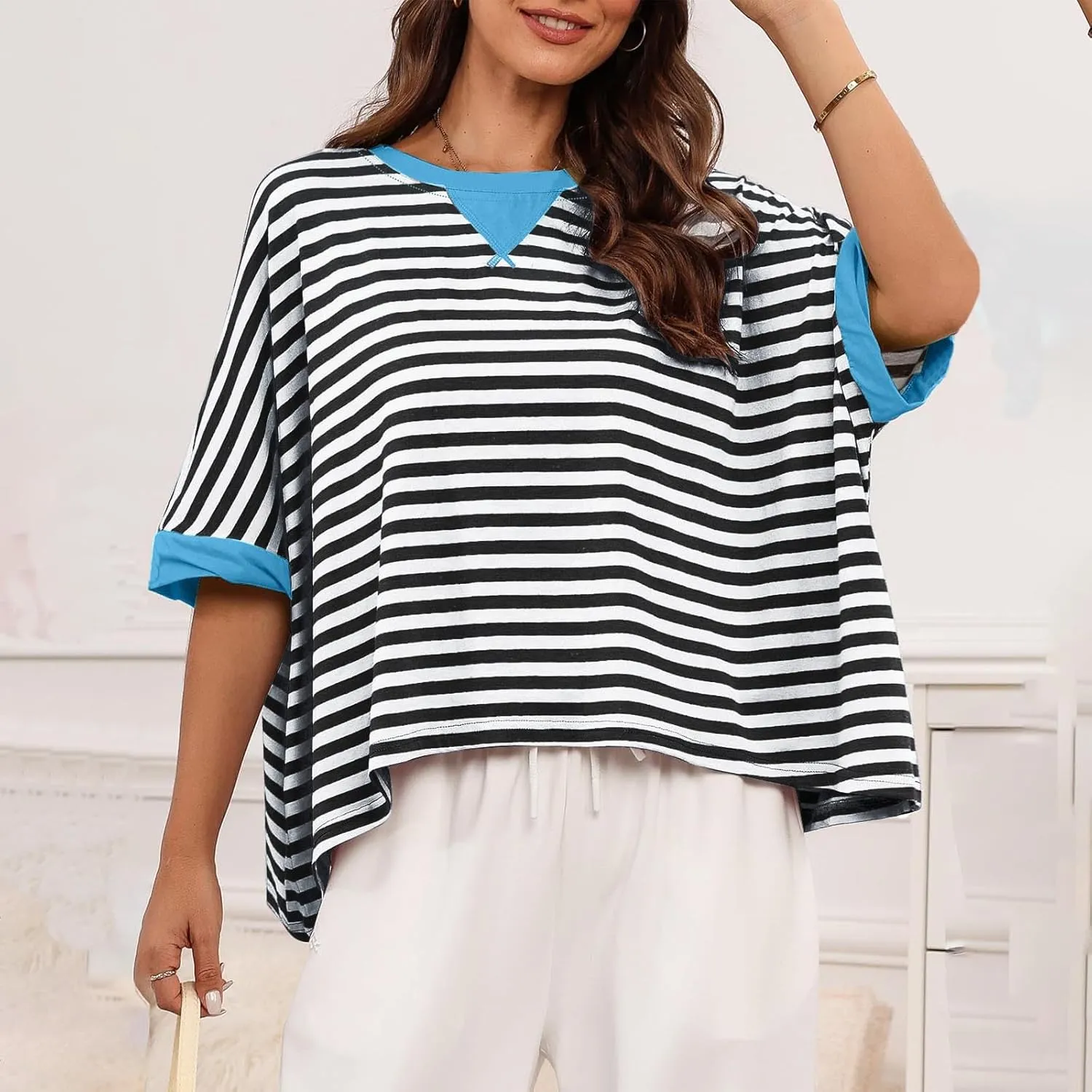 Oversized Tshirts for Women Crew Neck Striped Short Sleeve Blouses Casual Fashion Daily Womens Workout Tops