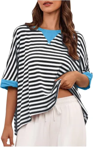 Oversized Tshirts for Women Crew Neck Striped Short Sleeve Blouses Casual Fashion Daily Womens Workout Tops