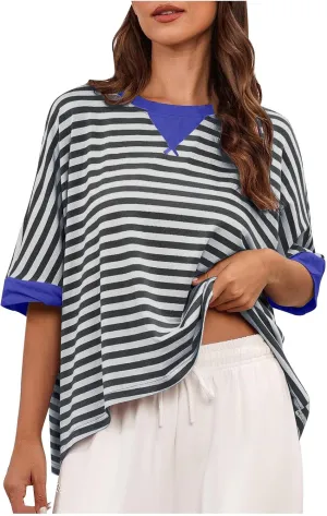 Oversized Tshirts for Women Crew Neck Striped Short Sleeve Blouses Casual Fashion Daily Womens Workout Tops