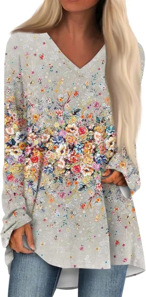 Oversized Tshirts for Women Long Sleeve Womens Tops Dressy Casual Fall V Neck Tunic Tops, Small-8X-Large