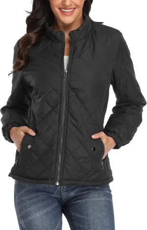 PEIQI Women's Quilted Jacket Coat Outwear Puffer Zip-up Stand Collar Padded Jacket with Pockets