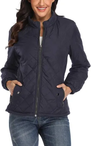 PEIQI Women's Quilted Jacket Coat Outwear Puffer Zip-up Stand Collar Padded Jacket with Pockets