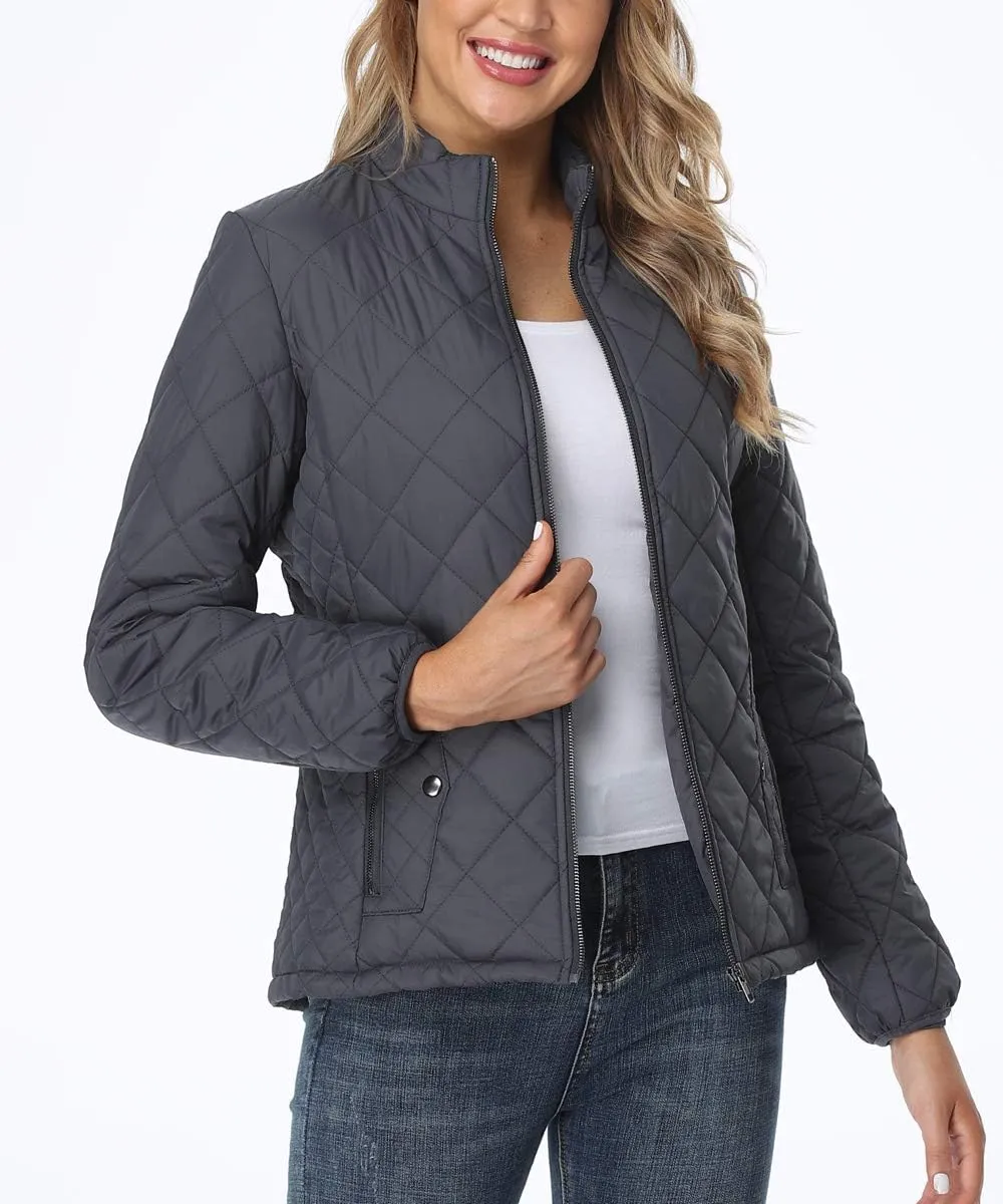 PEIQI Women's Quilted Jacket Coat Outwear Puffer Zip-up Stand Collar Padded Jacket with Pockets