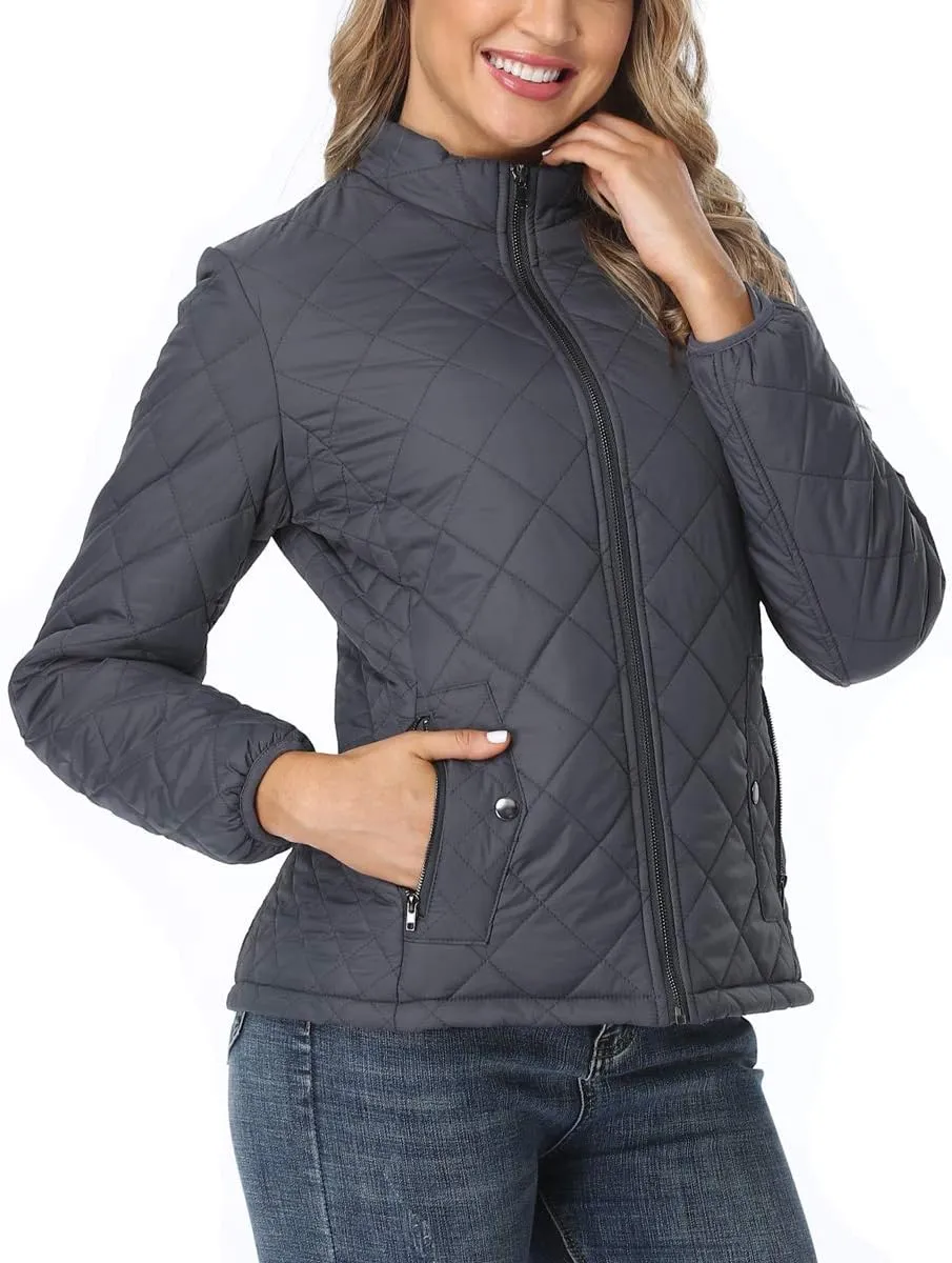 PEIQI Women's Quilted Jacket Coat Outwear Puffer Zip-up Stand Collar Padded Jacket with Pockets