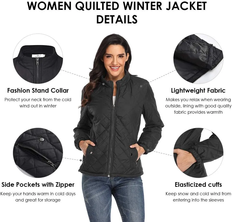 PEIQI Women's Quilted Jacket Coat Outwear Puffer Zip-up Stand Collar Padded Jacket with Pockets