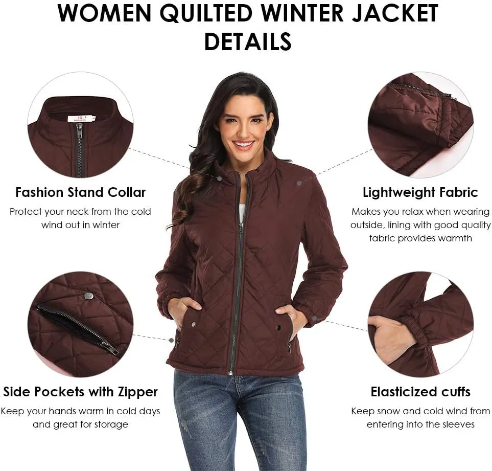 PEIQI Women's Quilted Jacket Coat Outwear Puffer Zip-up Stand Collar Padded Jacket with Pockets