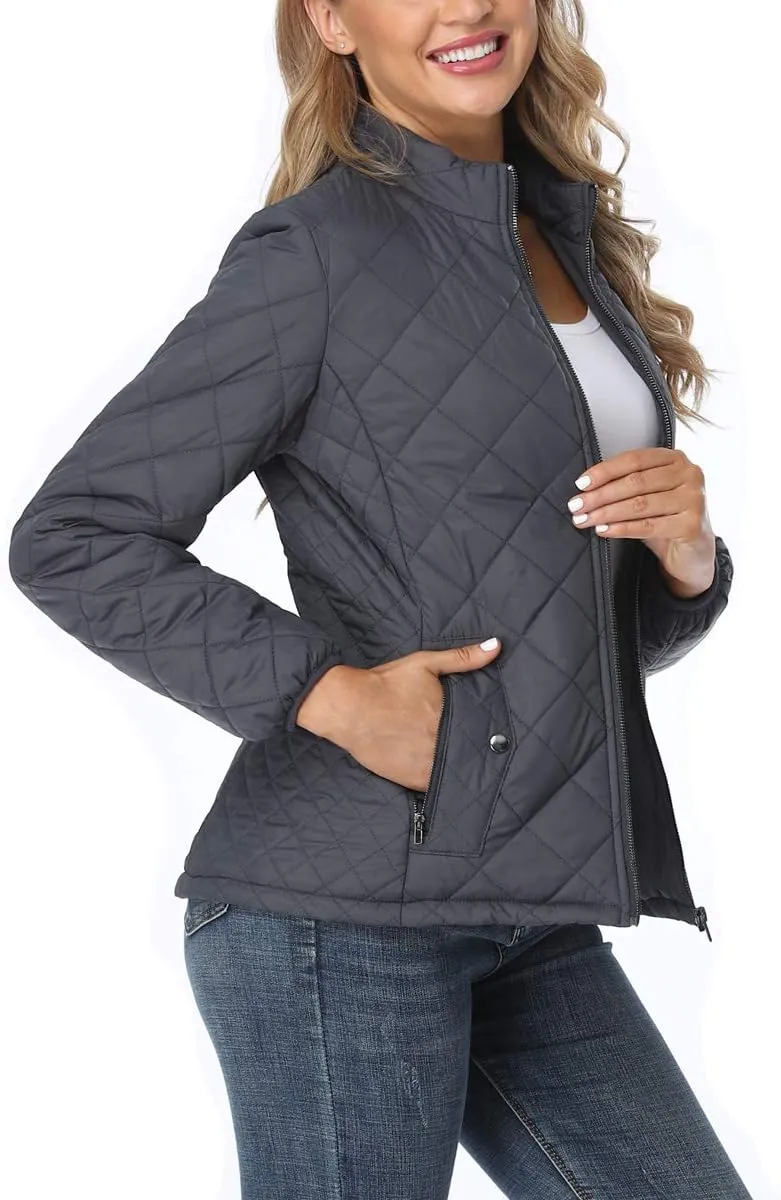 PEIQI Women's Quilted Jacket Coat Outwear Puffer Zip-up Stand Collar Padded Jacket with Pockets