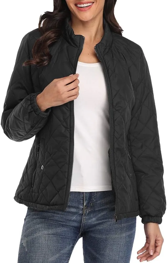 PEIQI Women's Quilted Jacket Coat Outwear Puffer Zip-up Stand Collar Padded Jacket with Pockets