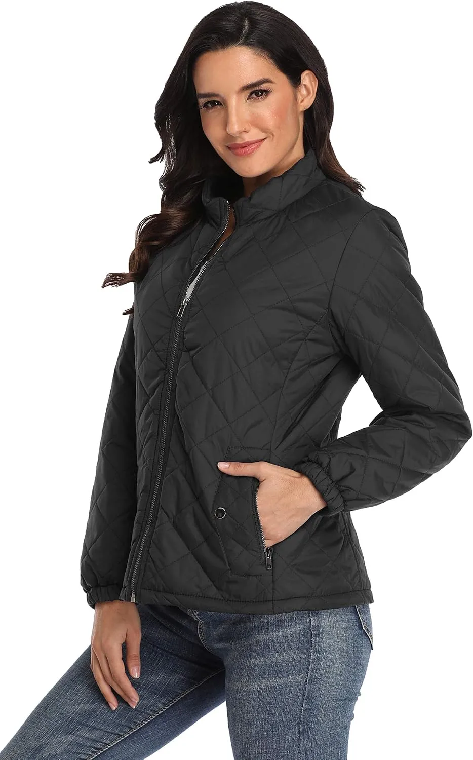 PEIQI Women's Quilted Jacket Coat Outwear Puffer Zip-up Stand Collar Padded Jacket with Pockets