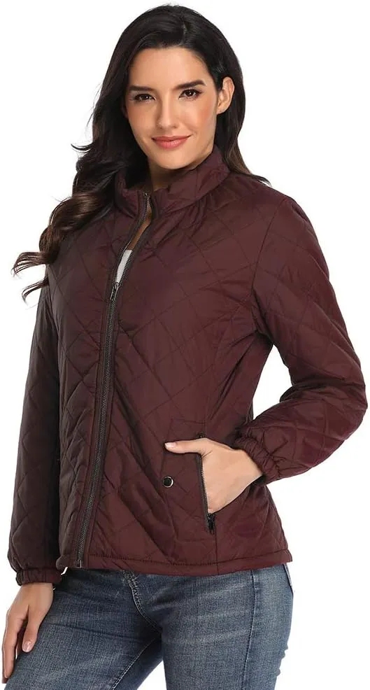PEIQI Women's Quilted Jacket Coat Outwear Puffer Zip-up Stand Collar Padded Jacket with Pockets