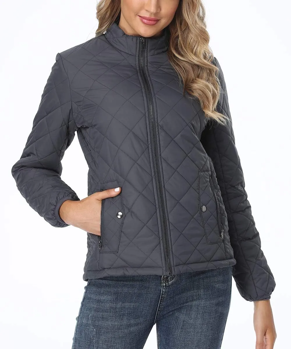 PEIQI Women's Quilted Jacket Coat Outwear Puffer Zip-up Stand Collar Padded Jacket with Pockets
