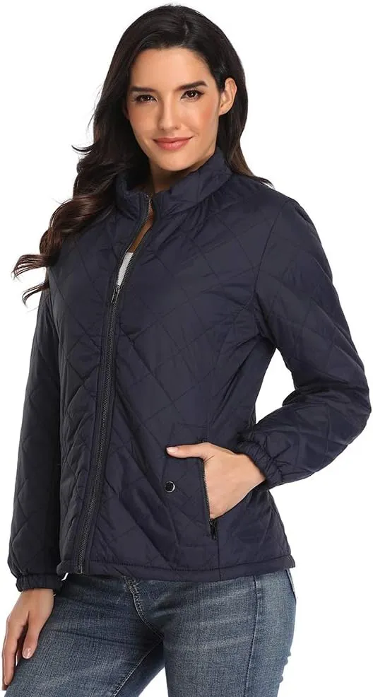 PEIQI Women's Quilted Jacket Coat Outwear Puffer Zip-up Stand Collar Padded Jacket with Pockets