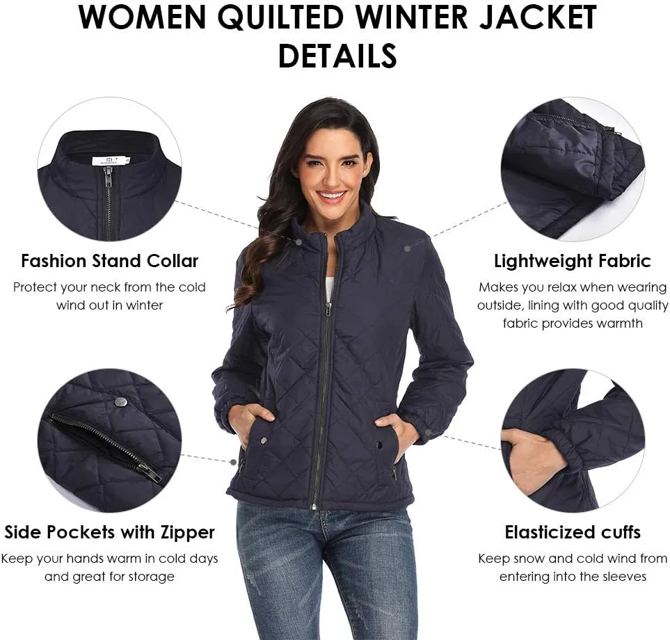 PEIQI Women's Quilted Jacket Coat Outwear Puffer Zip-up Stand Collar Padded Jacket with Pockets