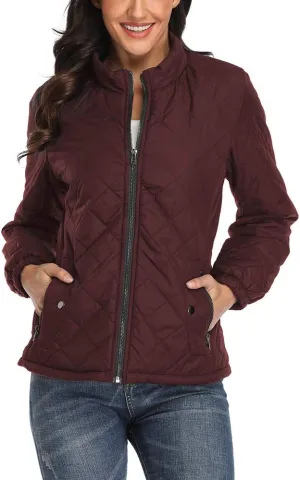 PEIQI Women's Quilted Jacket Coat Outwear Puffer Zip-up Stand Collar Padded Jacket with Pockets
