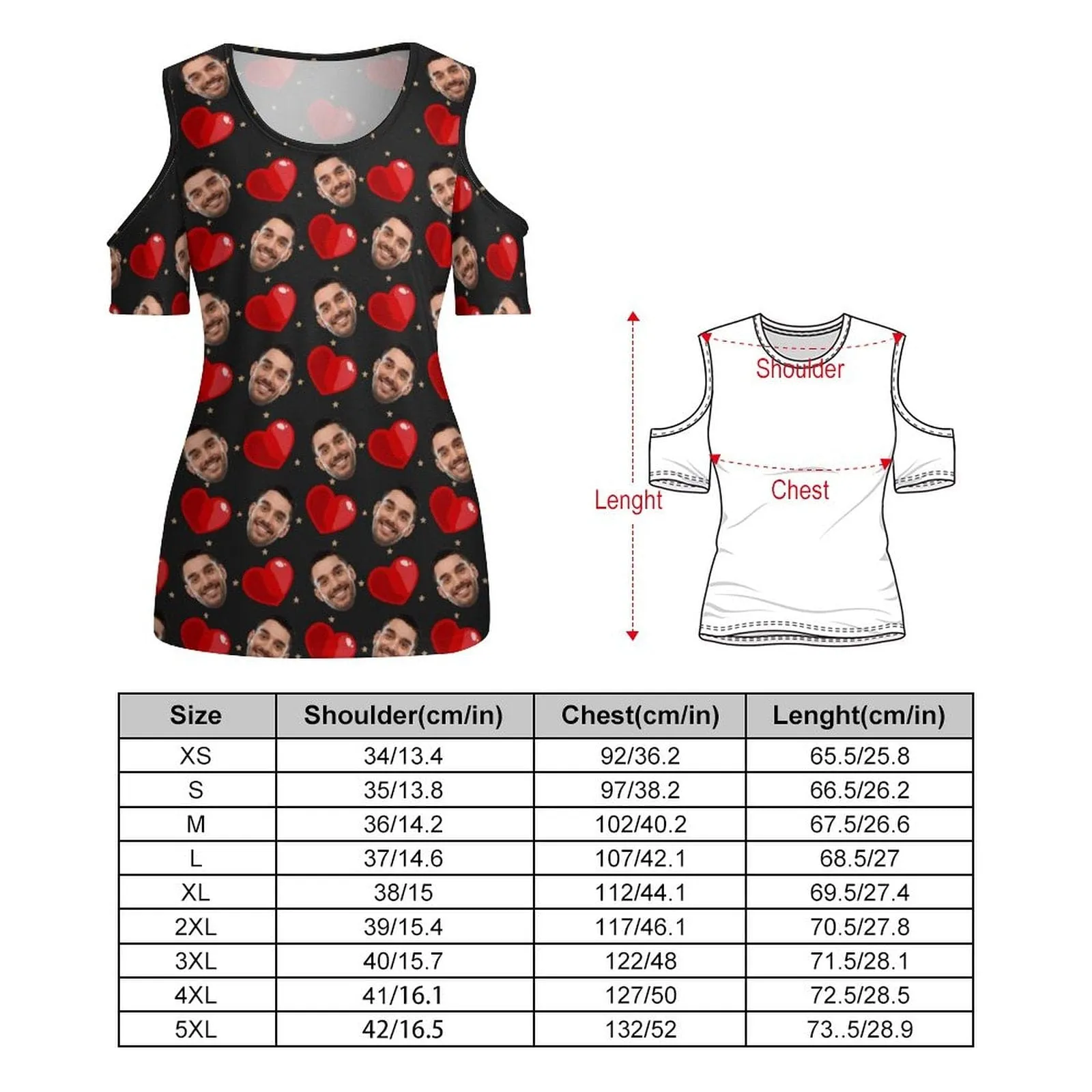 Personalized My Face on A Shirt Red Love Off The Shoulder Round Neck Short Sleeve Top for Her