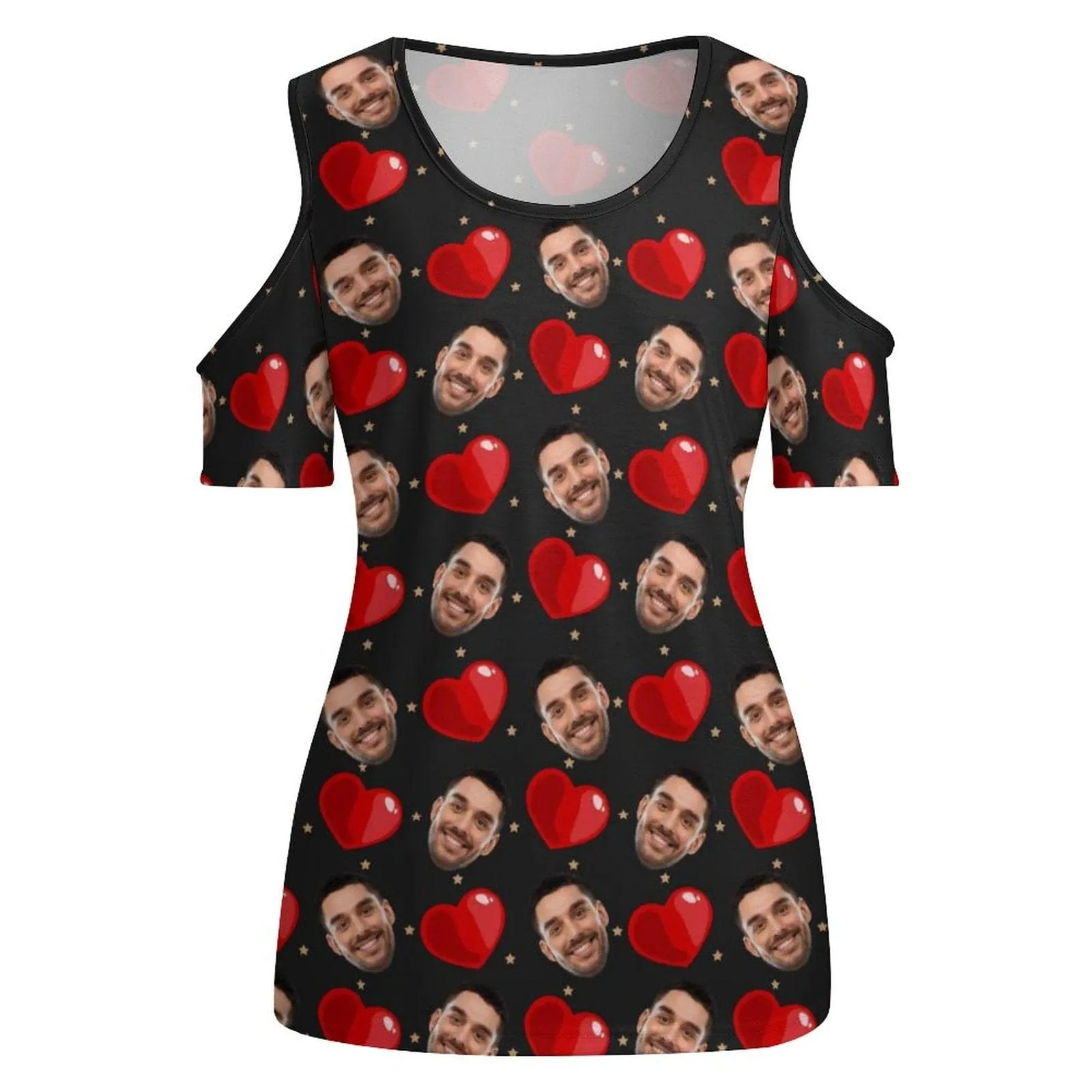 Personalized My Face on A Shirt Red Love Off The Shoulder Round Neck Short Sleeve Top for Her