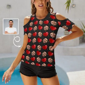 Personalized My Face on A Shirt Red Love Off The Shoulder Round Neck Short Sleeve Top for Her