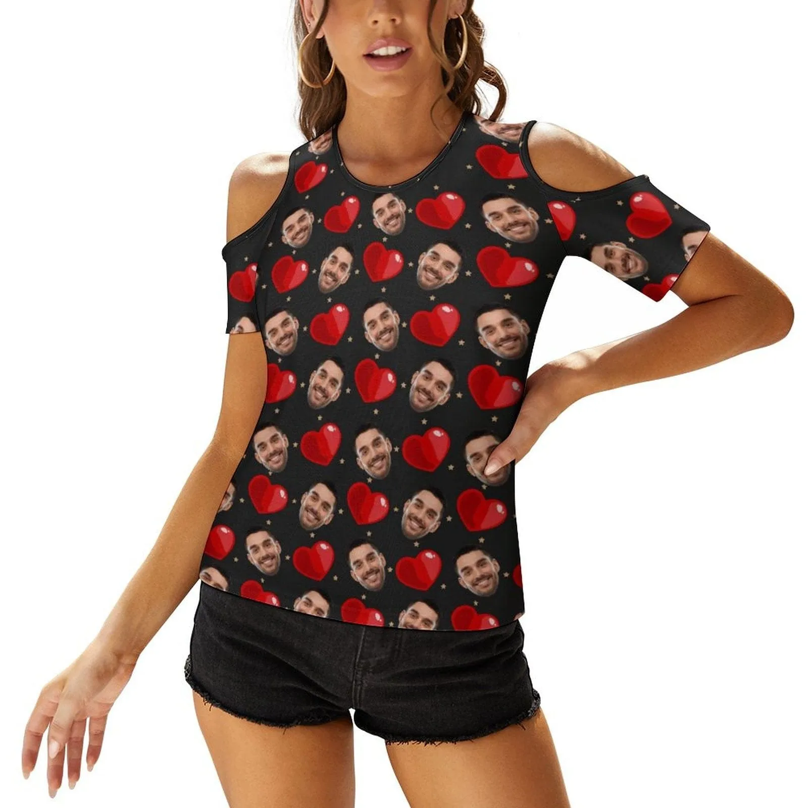 Personalized My Face on A Shirt Red Love Off The Shoulder Round Neck Short Sleeve Top for Her