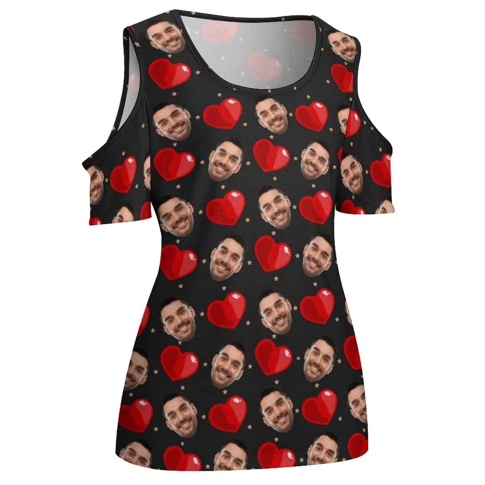 Personalized My Face on A Shirt Red Love Off The Shoulder Round Neck Short Sleeve Top for Her
