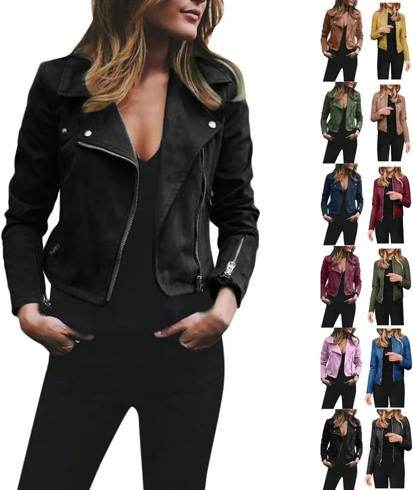 PETYCZEN Women's Faux Leather Jacket Lapel Long Sleeve Zip Up Motorcycle Jacket Lightweight Cropped Windbreaker Jacket Coats