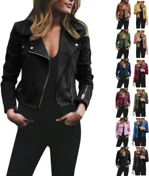PETYCZEN Women's Faux Leather Jacket Lapel Long Sleeve Zip Up Motorcycle Jacket Lightweight Cropped Windbreaker Jacket Coats
