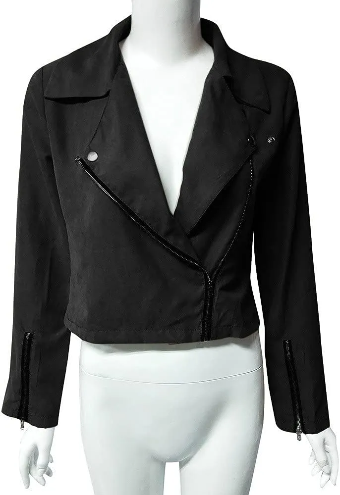 PETYCZEN Women's Faux Leather Jacket Lapel Long Sleeve Zip Up Motorcycle Jacket Lightweight Cropped Windbreaker Jacket Coats