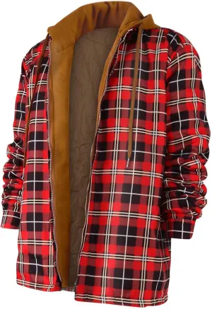 Plaid Jacket Mens Hooded Quilted Lined Flannel Shirt Jacket Long Sleeve Full Zip Jackets Winter Thick Warm Coat