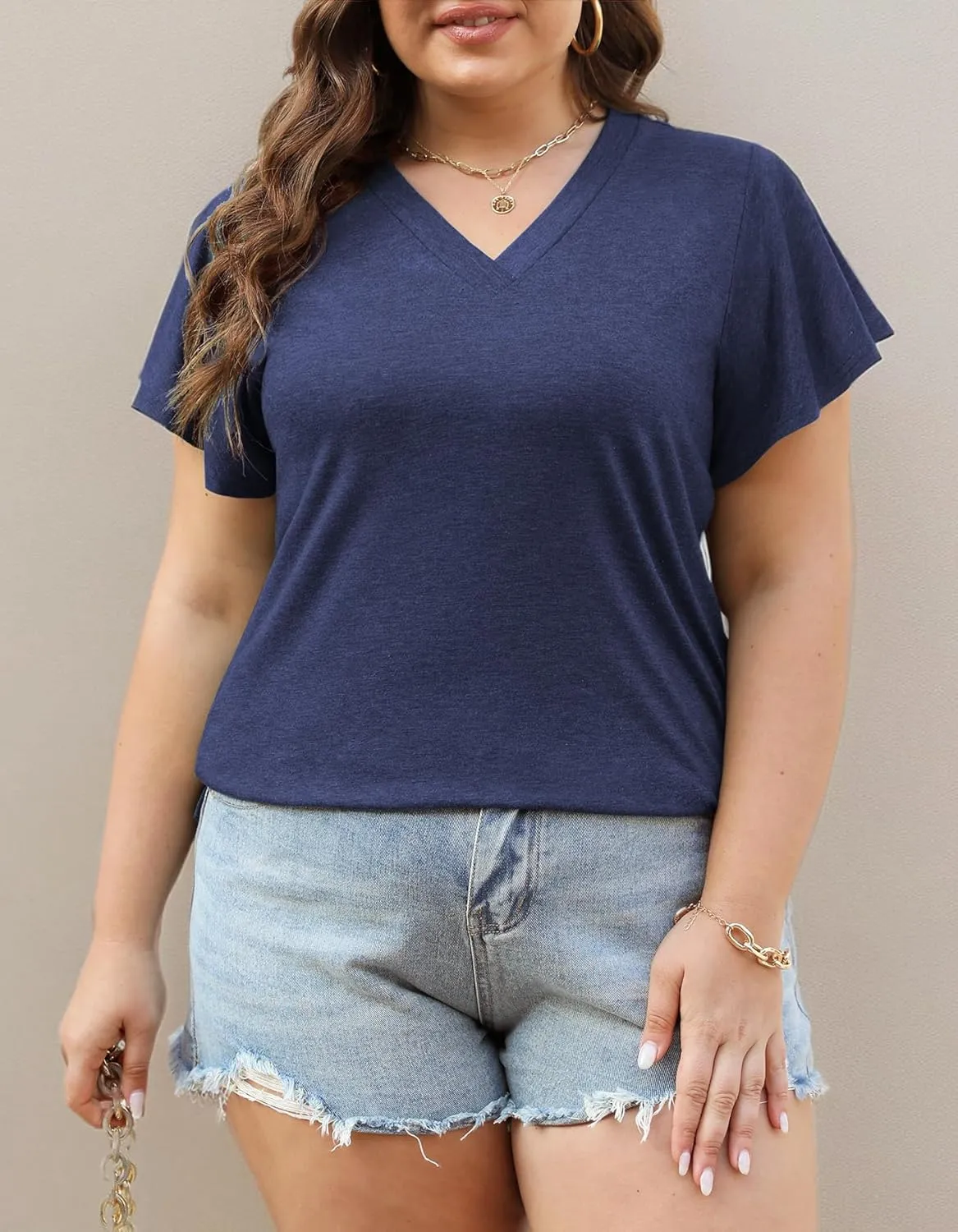 Plus Size Tops for Women Summer Casual V Neck T Shirts Short Ruffle Sleeve Tshirts Loose Fit Tunics Blouses