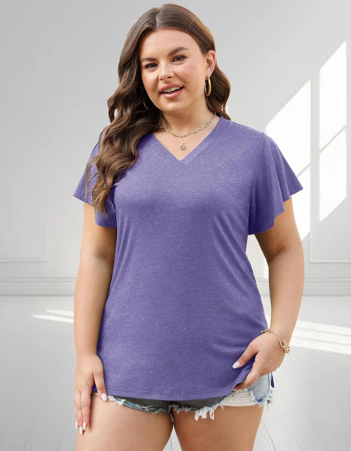 Plus Size Tops for Women Summer Casual V Neck T Shirts Short Ruffle Sleeve Tshirts Loose Fit Tunics Blouses