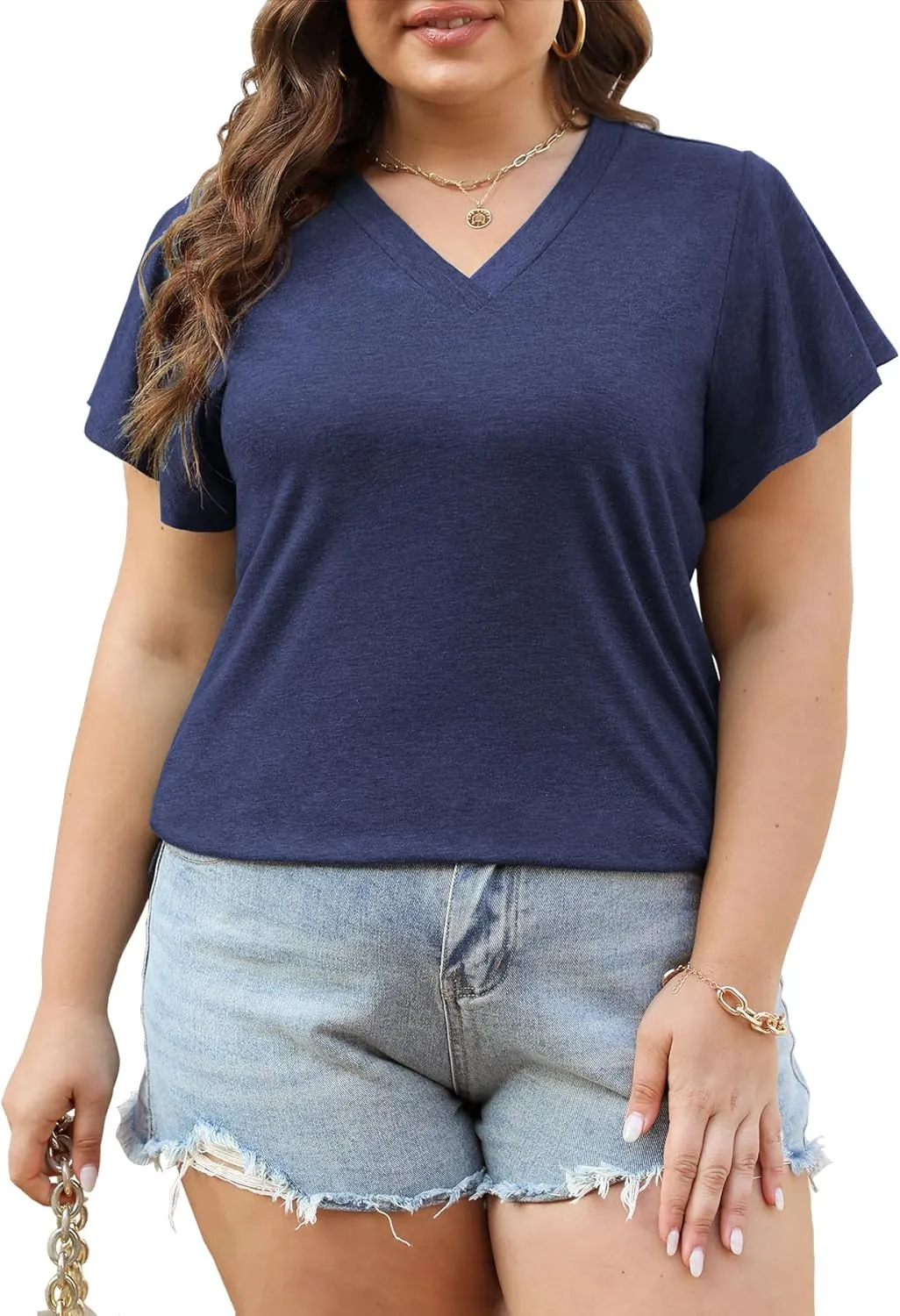 Plus Size Tops for Women Summer Casual V Neck T Shirts Short Ruffle Sleeve Tshirts Loose Fit Tunics Blouses