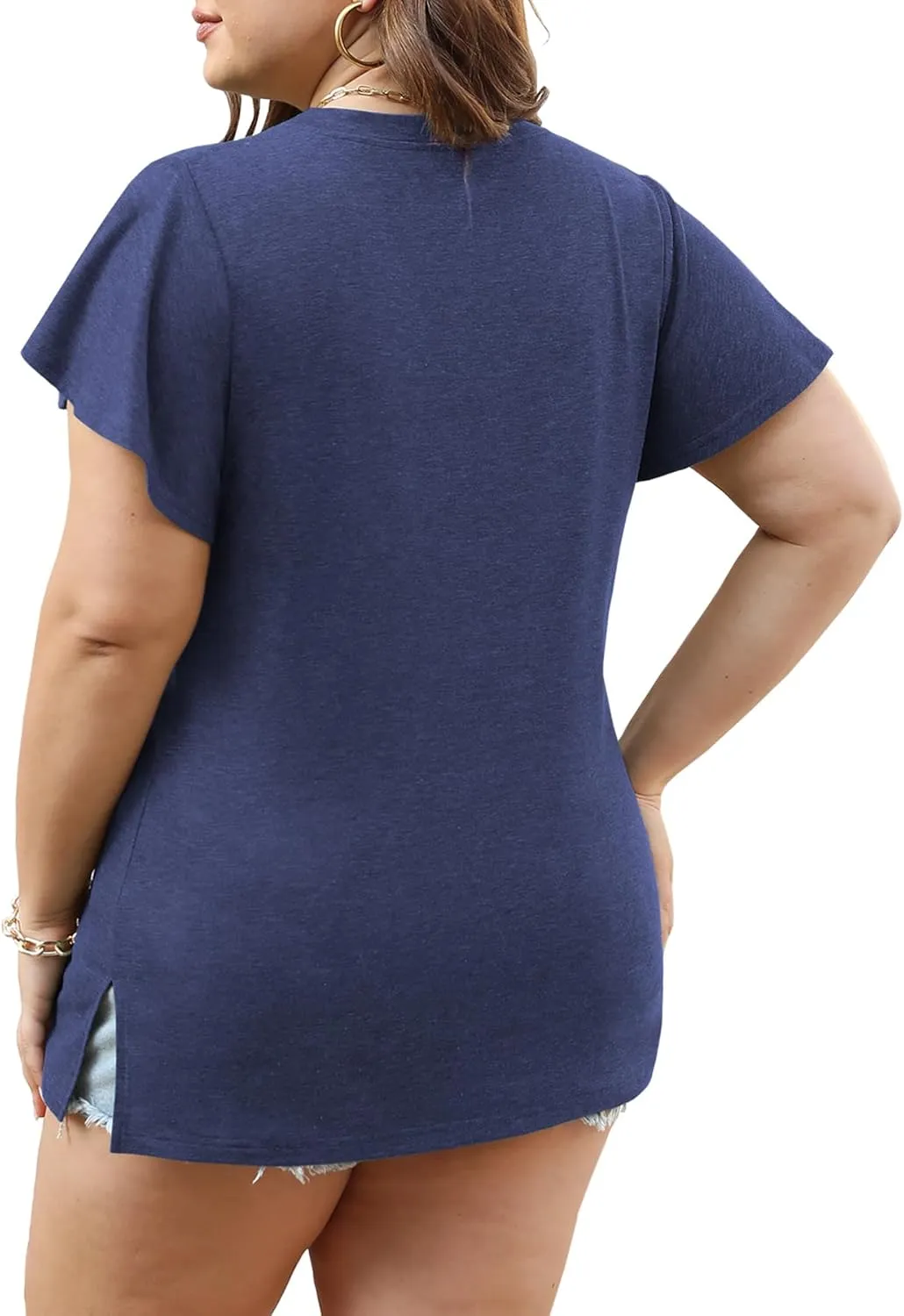 Plus Size Tops for Women Summer Casual V Neck T Shirts Short Ruffle Sleeve Tshirts Loose Fit Tunics Blouses