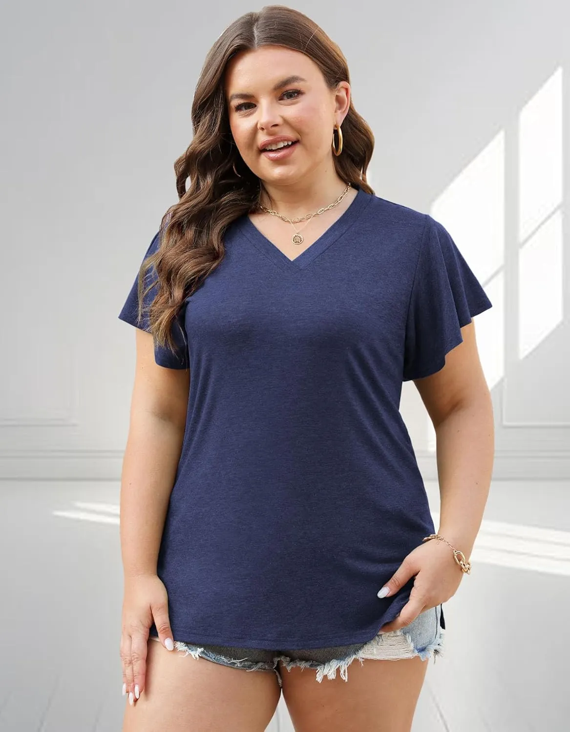 Plus Size Tops for Women Summer Casual V Neck T Shirts Short Ruffle Sleeve Tshirts Loose Fit Tunics Blouses