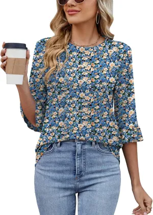 Poetsky Women's 3/4 Sleeve Tops Casual Crew Neck T Shirts Spring Summer Loose Ruffle Tunic Blouses