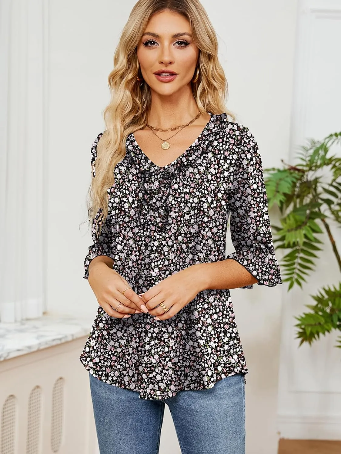 Poetsky Women's 3/4 Sleeve Tops Casual V Neck Shirts Loose Ruffle Tunic Blouses