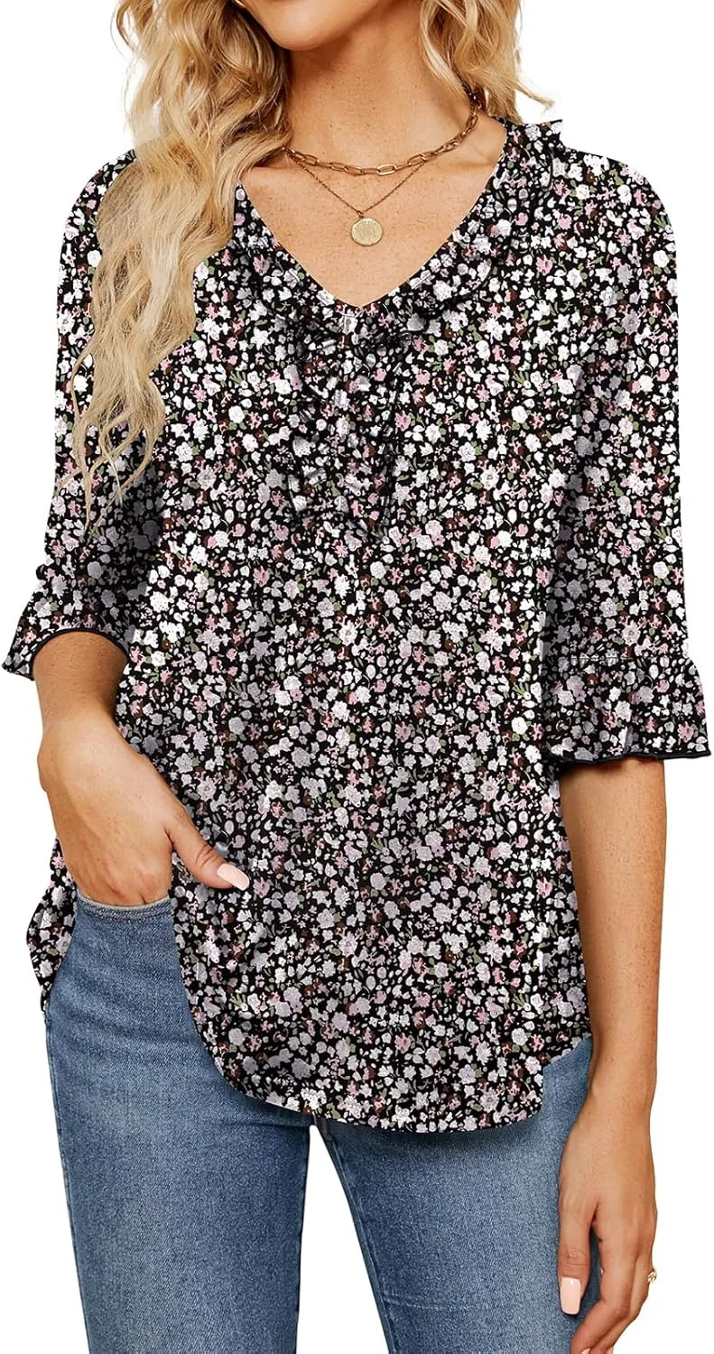Poetsky Women's 3/4 Sleeve Tops Casual V Neck Shirts Loose Ruffle Tunic Blouses