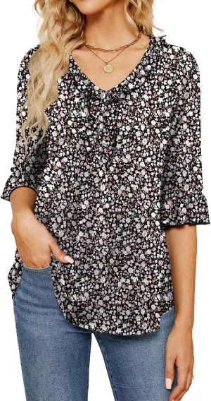Poetsky Women's 3/4 Sleeve Tops Casual V Neck Shirts Loose Ruffle Tunic Blouses